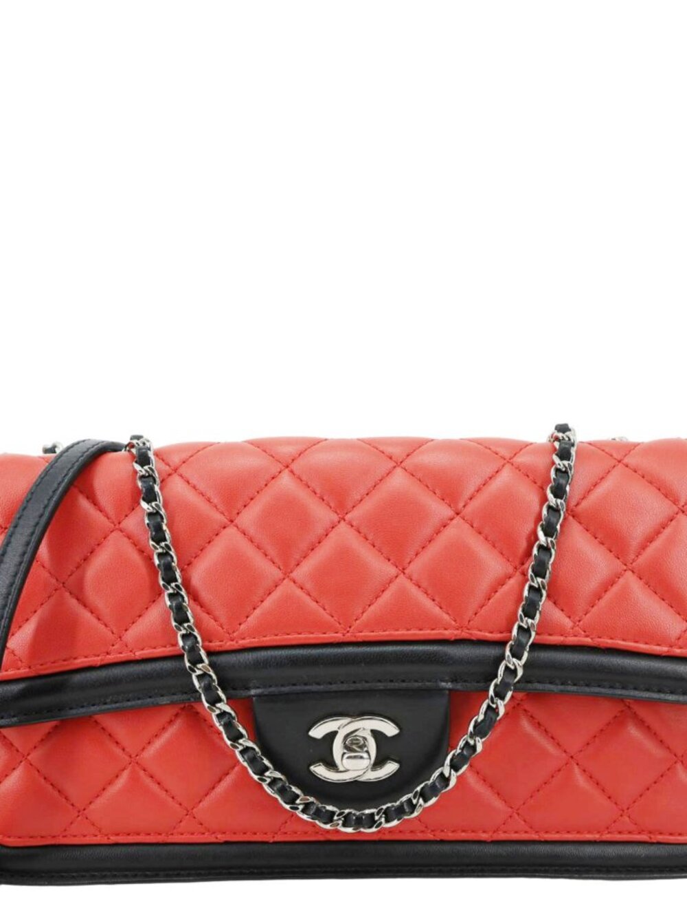 CHANEL Graphic Flap Quilted Lambskin Leather Shoulder Bag Red